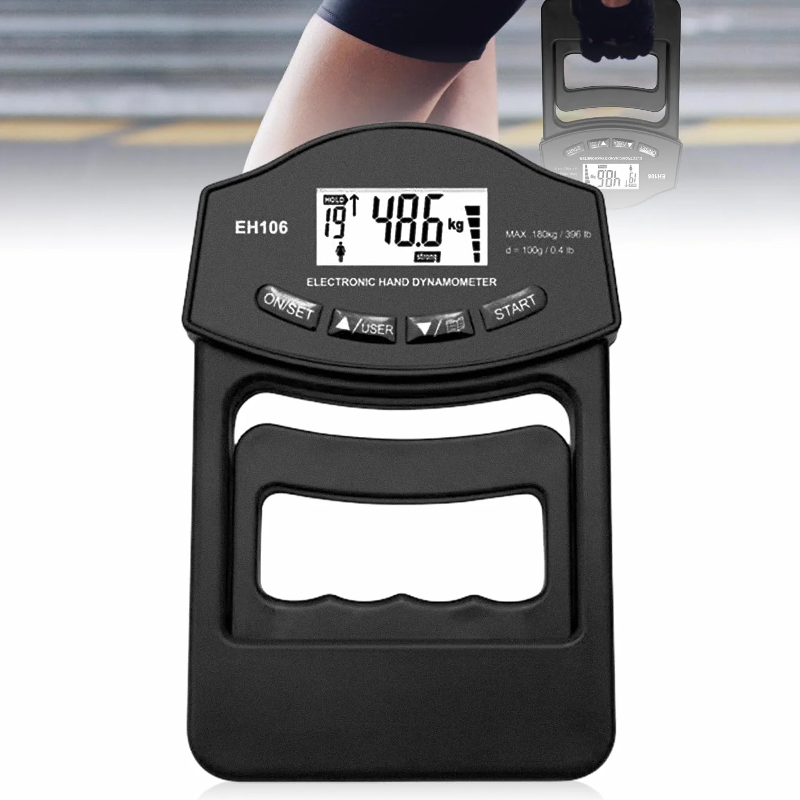 Misuratore di forza manuale digitale, 396lb/180 kg, misuratore di forza manuale, con presa sensibile, tester di forza elettronica, grande schermo LED con cavo di ricarica USB (nero)