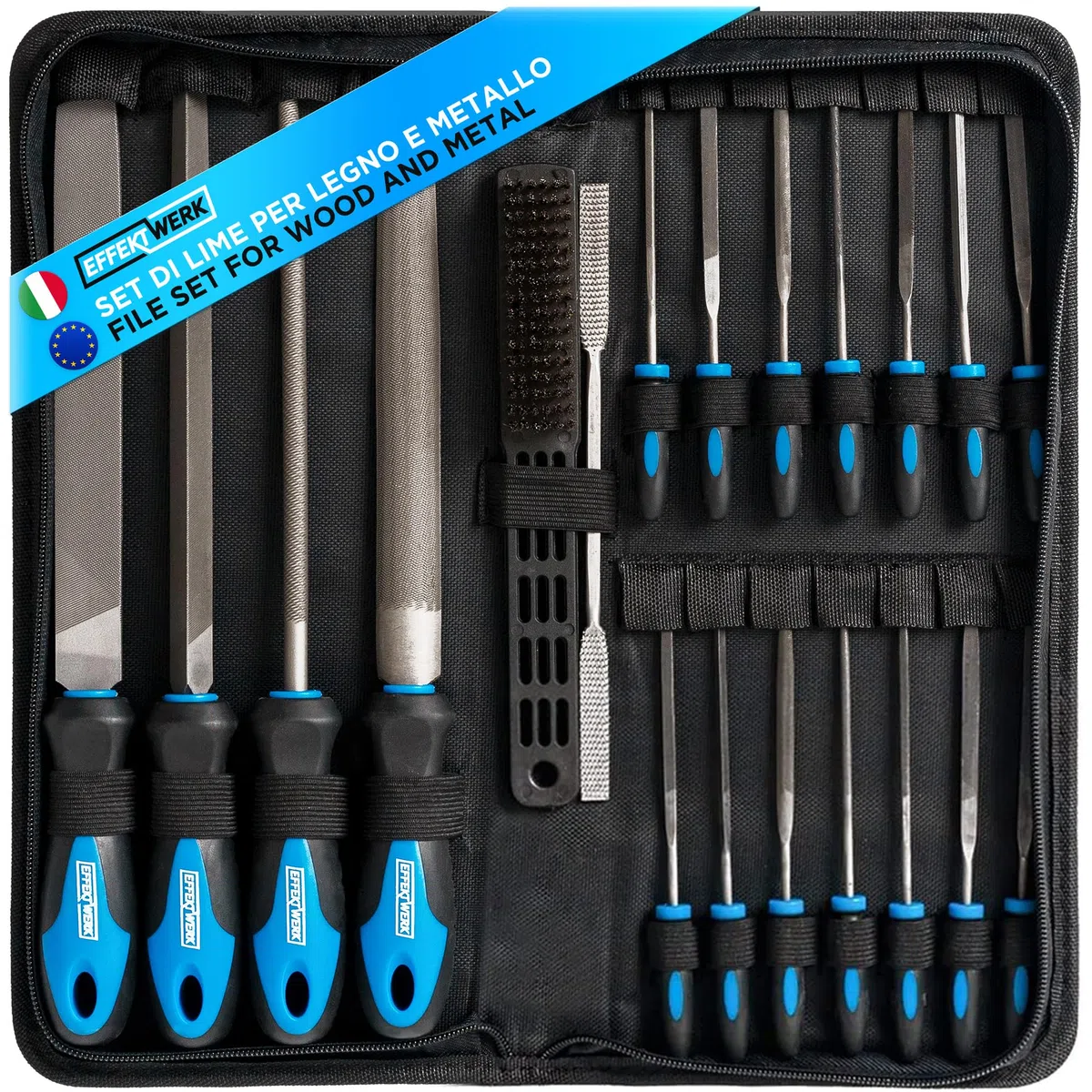 Set di lime - 21 pezzi - 4 lime grandi (tonda, mezza tonda, triangolare e piatta) - Spazzola metallica, raspa, custodia e 14 lime ad ago