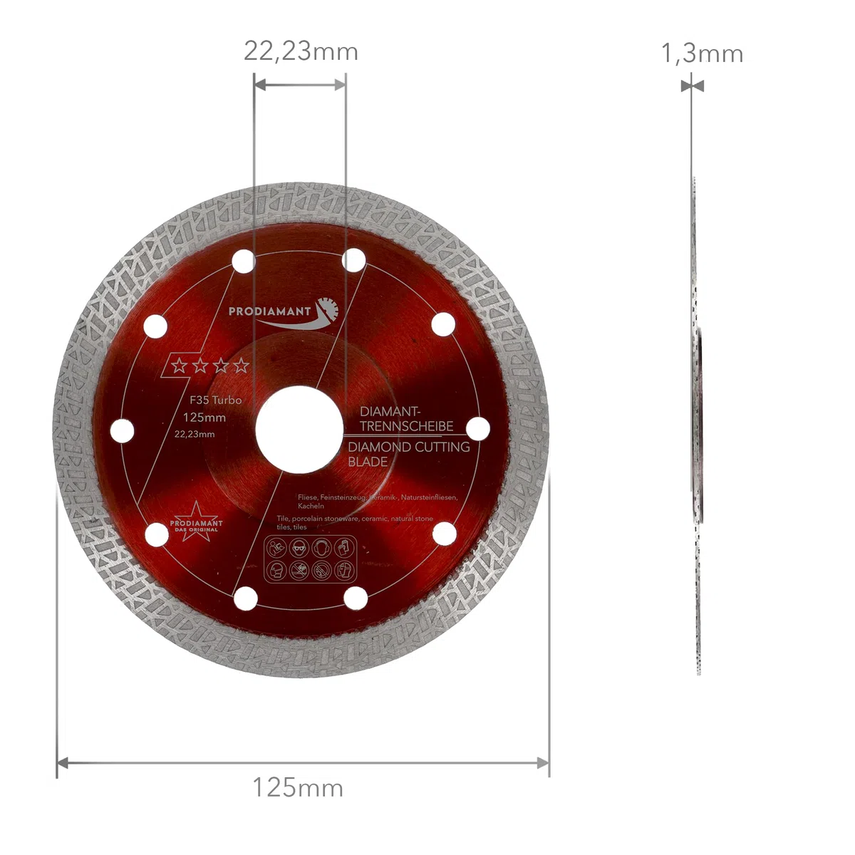 PRODIAMANT Disco da taglio diamantato Premium per piastrelle in gres fine 125 mm x 22,23 mm Disco per piastrelle da 125 mm per smerigliatrice angolare