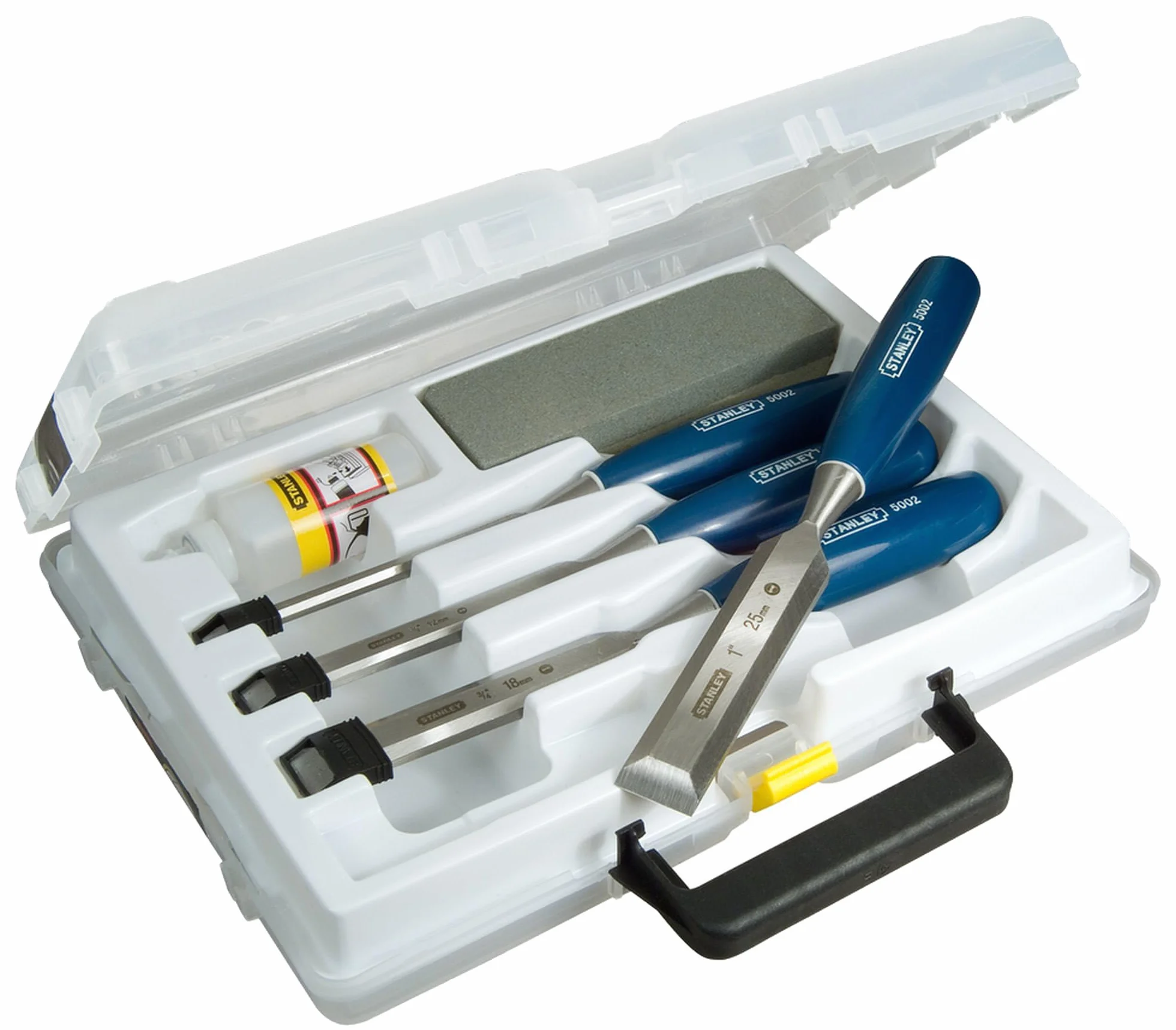 STANLEY 0-16-130 Set 4 Scalpelli con Custodia per il Trasporto, Olio e Pietra per Affilare