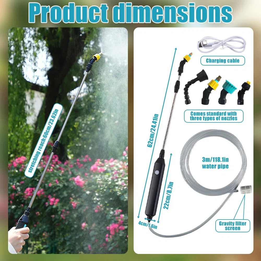 Mineup Spruzzatore Elettrico, 3.7 V Spruzzatore elettrico per piante da giardino, Nebulizzatore A Batteria USB per Casa, Spruzzatore a Pressione Elettrico con 4 Beccuccio Regolabile e 3M Tubo