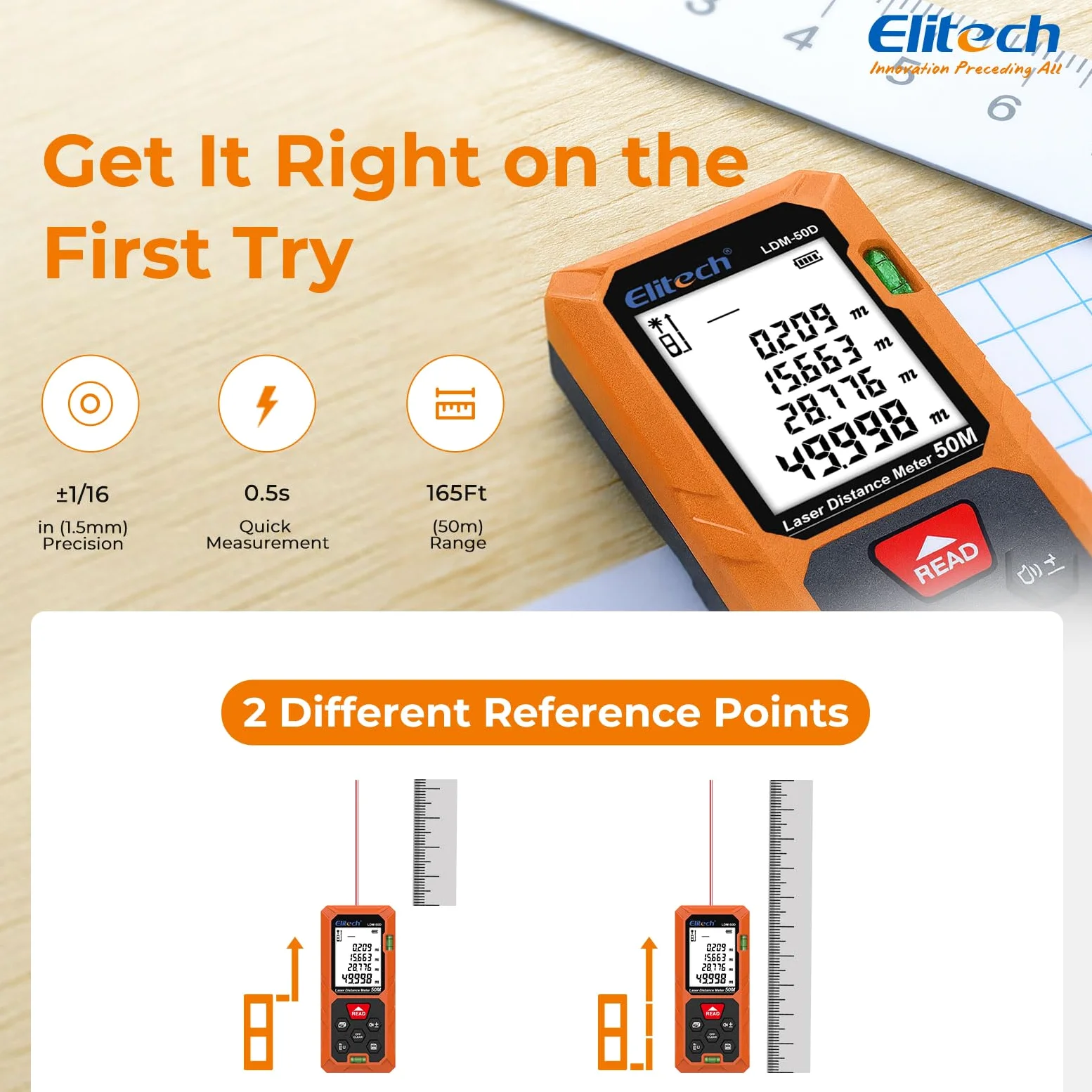 Elitech Distanziometro Laser 50m Precisione ±2mm Metro Laser Professionale con Modalità Area/Volume/Pitagora, LCD Retroilluminato, 99 Registrazioni, Unità Ft/In/M