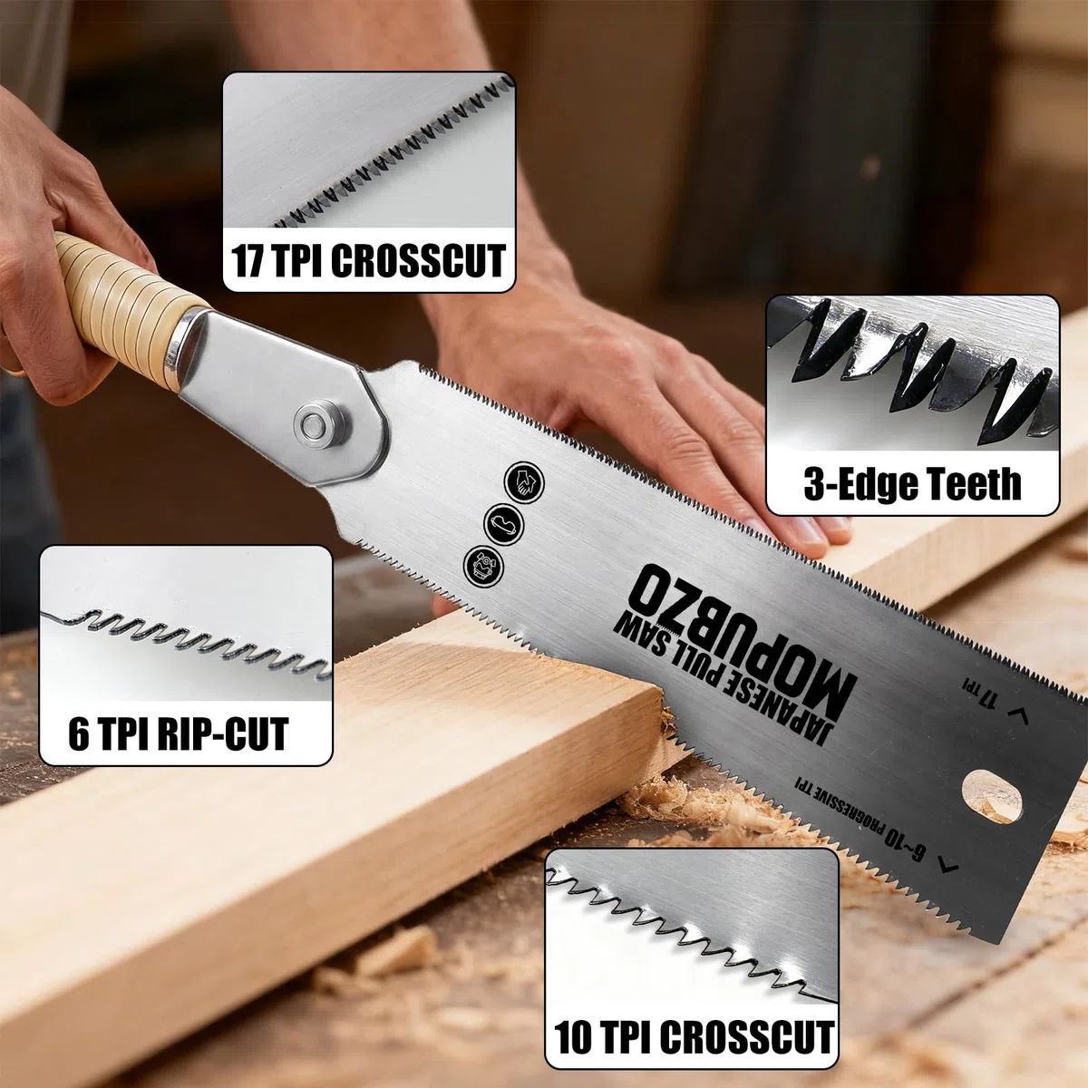 60cm Ryoba sega giapponese per legno professionale 6-10/17 TPI, sega giapponese a doppia lama con manico in rattan, taglio longitudinale e trasversale fine e rapido, Bonus 1 Ersatzblatt.