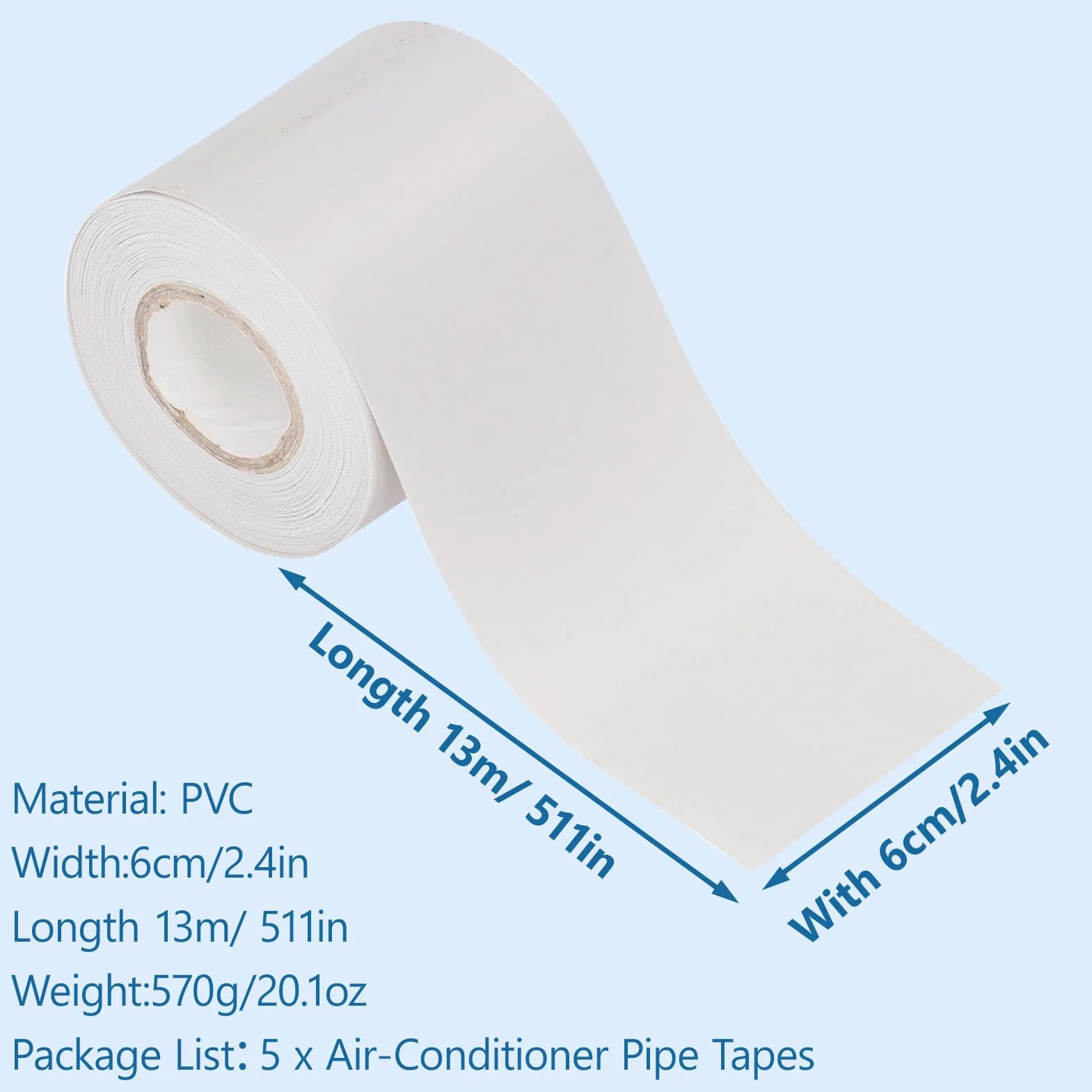 5 Pezzi Nastro per Tubi Condizionatore Isolante PVC, Bianco | Nastro Sigillante Tubo Condizionatori Benda, 6cm x 13m, per Protezione Tubi Condutture Fissaggio Isolamento Termico