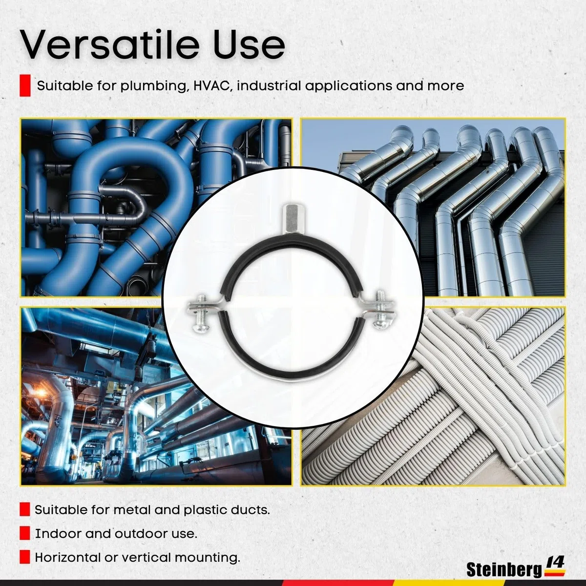 5 pz., Collari per Tubo 80mm con Inserto in Gomma, Filetto M8/M10, Supporto in Acciaio per Tubo di Ventilazione, Tubo Spirolare e Pluviale, Montaggio a Parete o Soffitto, di Steinberg14