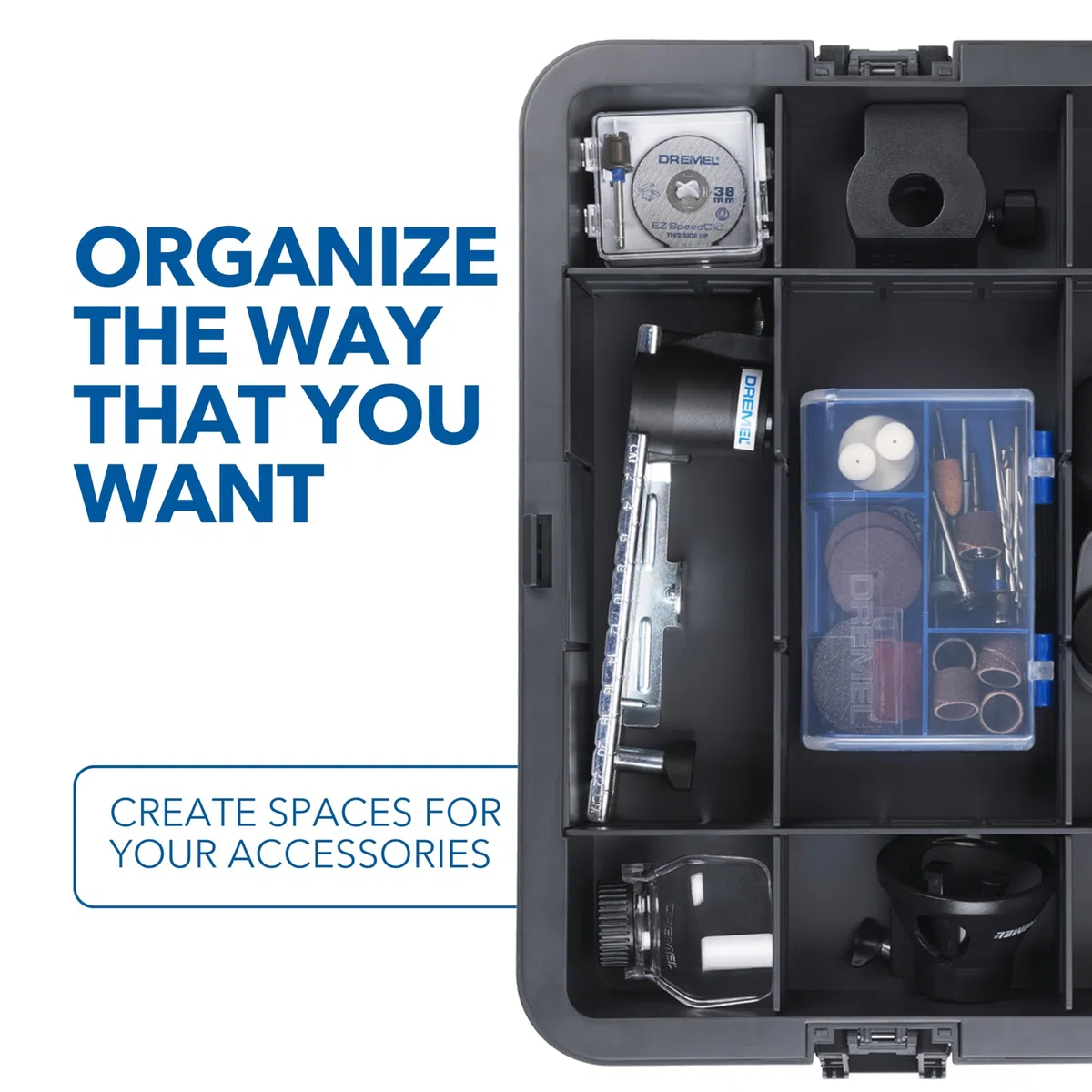 Dremel Black Box Porta Utensili con 6 divisori, supporto accessori organizer fai-da-te personalizzabile per accessori per utensili rotativi, piccoli utensili sistema di stoccaggio compatto, impilabile