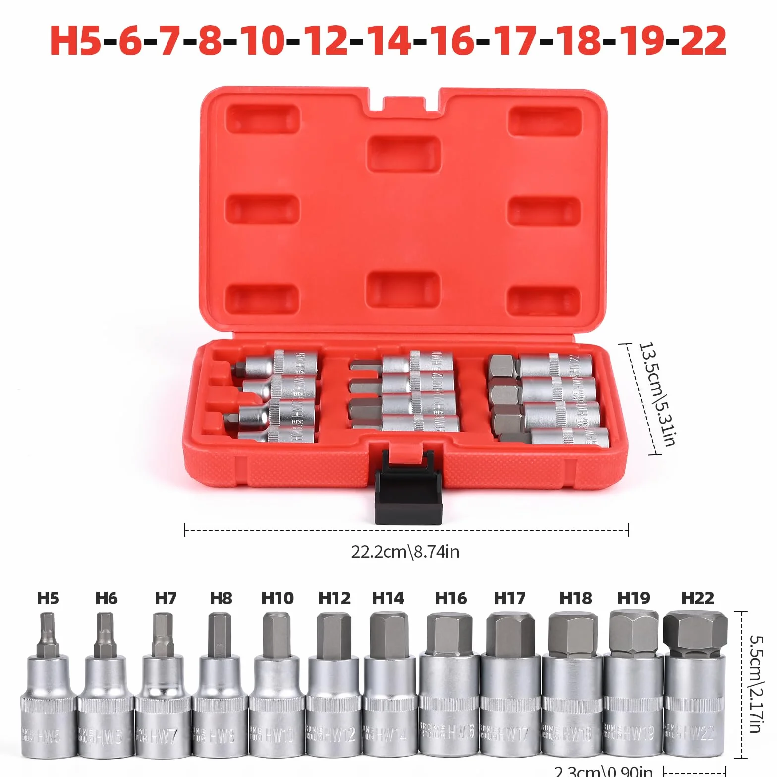 12 Pezzi Set di Bussole a Bussola Esagonali,Set di Bussole Esagonali 1/2,Bussole in Acciai per Utensili da 5-22 mm con Custodia Portatile,Anticorrosione per Uso Automobilistico e Industriale (Rosso)