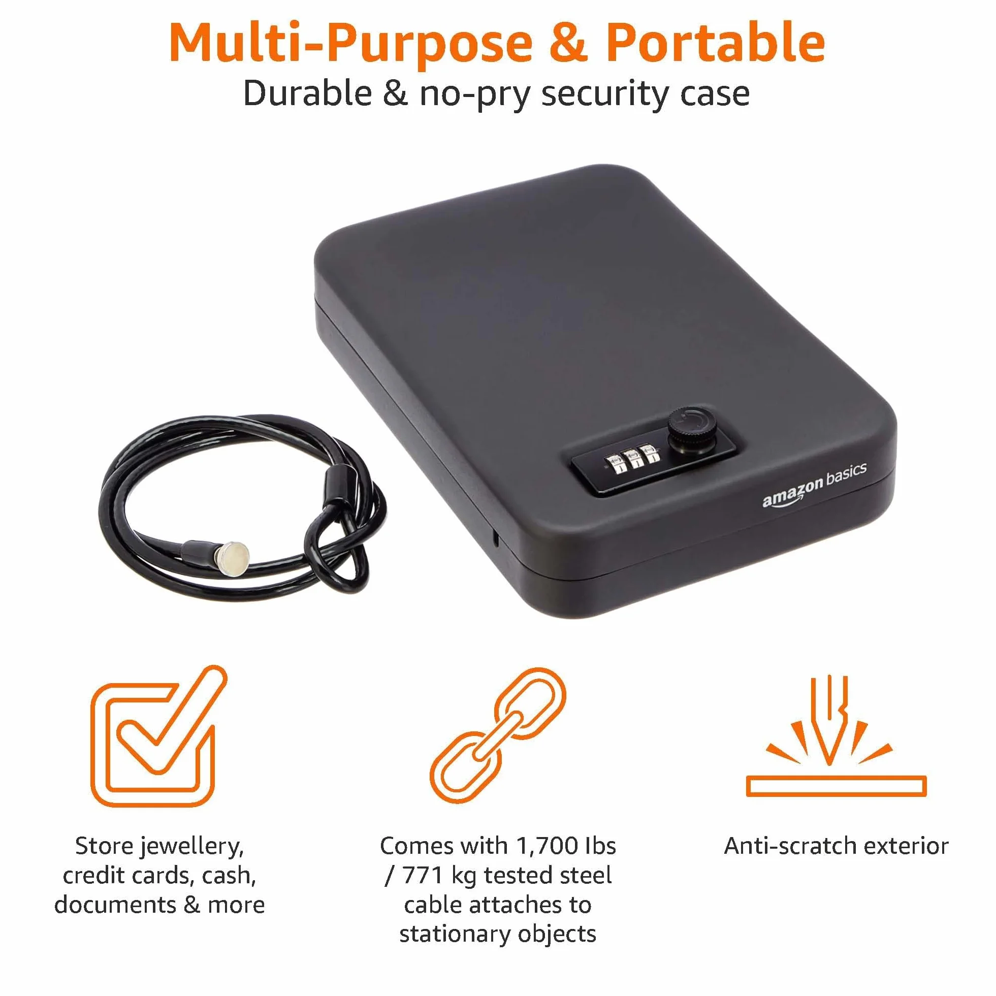 Amazon Basics Cassetta di sicurezza portatile, con serratura a combinazione, per documenti e gioielli, formato XL, nero