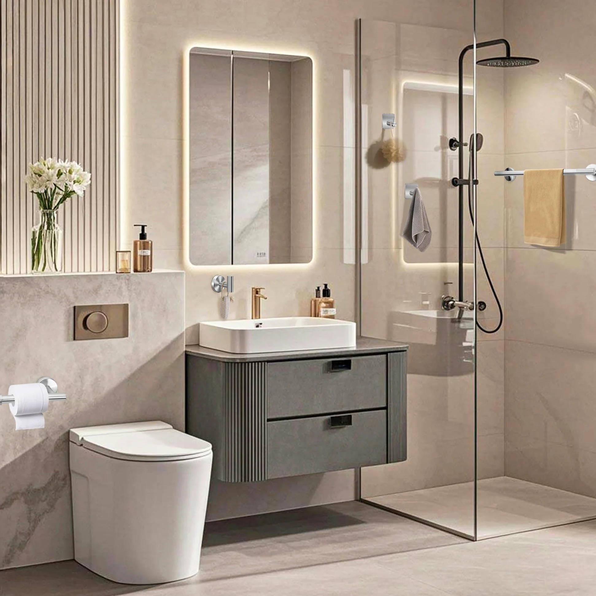 Set Porta Asciugamani Bagno Acciaio Inox 304 Gancio Per Accappatoio Accessori Il Cucina E Camera 5 Pezzi, Argento