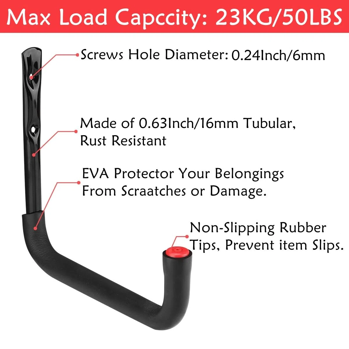 Set di 6 ganci per garage, 20 cm, robusti in acciaio e EVA, per bicicletta, sedia, tubo, interni ed esterni