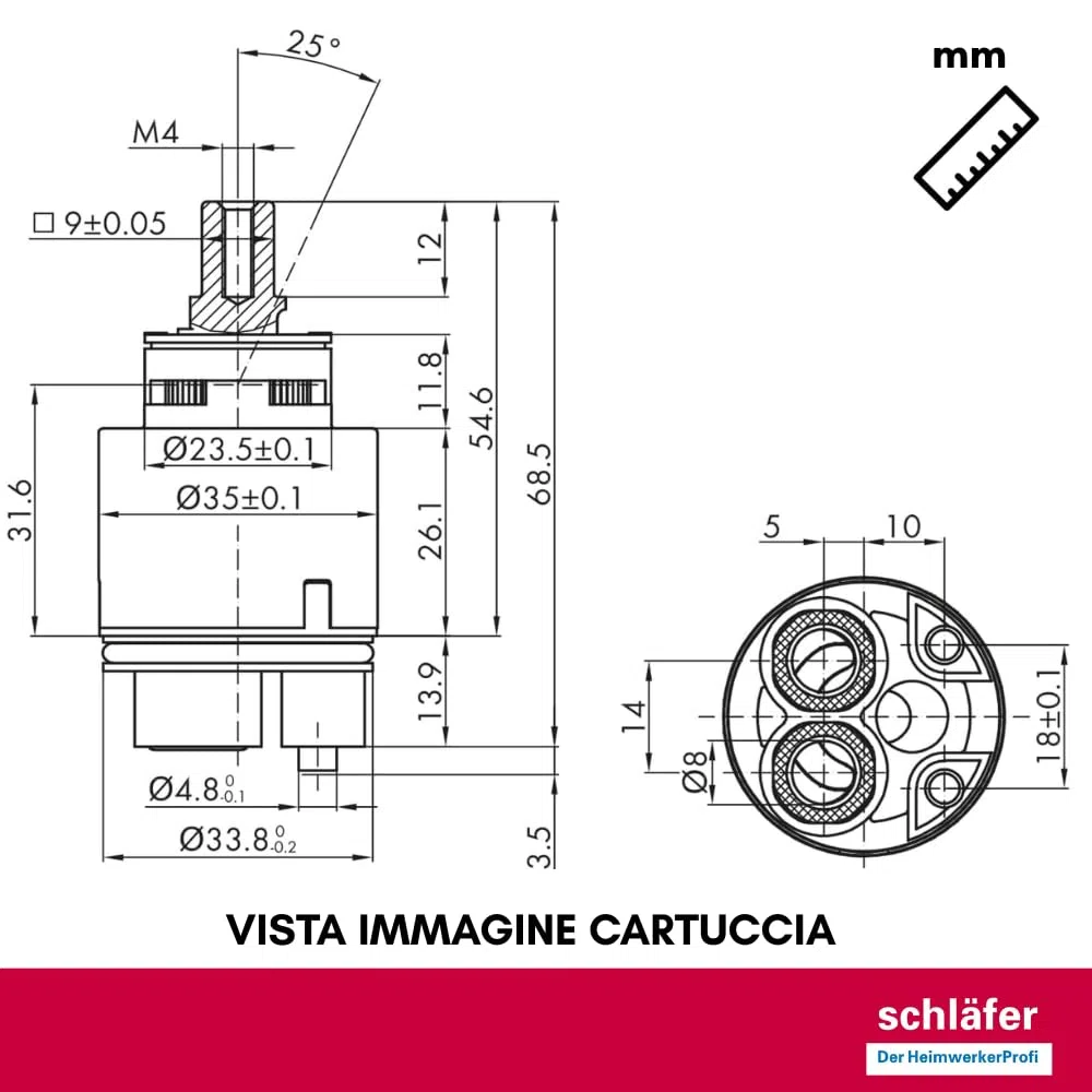 Schläfer 4800135 | Cartuccia Ricambio Miscelatore 35mm con regolazione Cartuccia Kerox in Ceramica Alta con 2 Piedini per Rubinetti Monocomando Lavabo, Bidet, Doccia, Vasca, Lavello del Bagno e Cucina