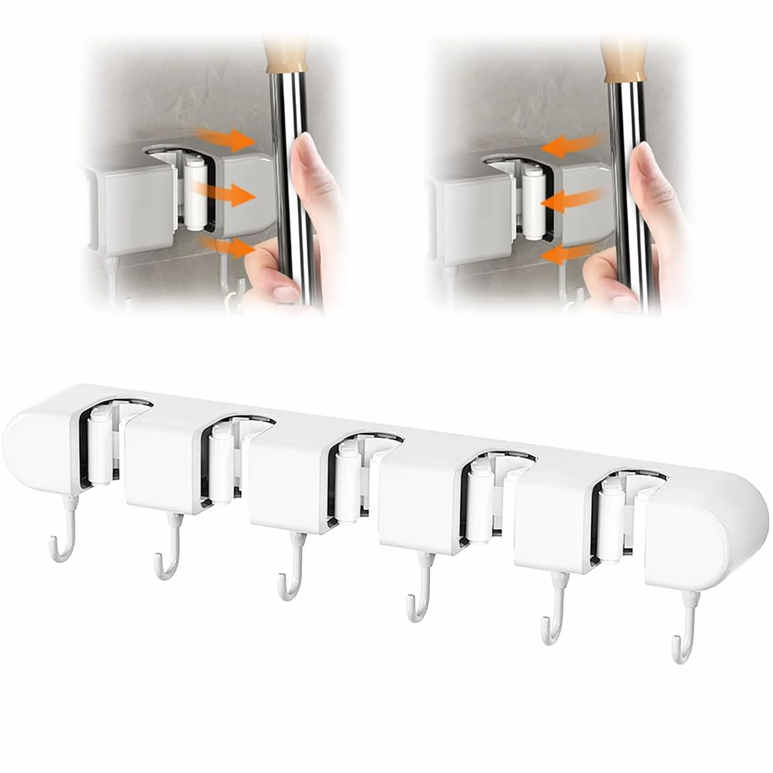 Porta Scope Parete, Portascope da Muro, con 5 Supporti 6 Ganci, Autoadesivo Appendi Scope a Muro, Ganci Porta Attrezzi Giardino, Portascope Muros Appendibile, per Cucina, Garage, Bagno(Bianco)