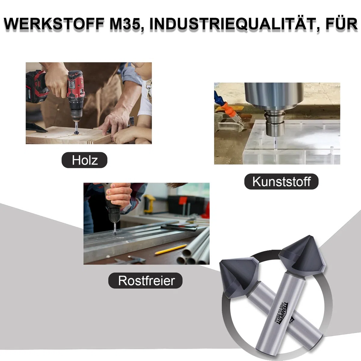 Fresa conica 90 gradi HSS M35, 30 mm, taglio smussato a 3 scanalature, rivestimento TiAlN, robusto e resistente al calore, per acciai inossidabili, codolo 12 mm
