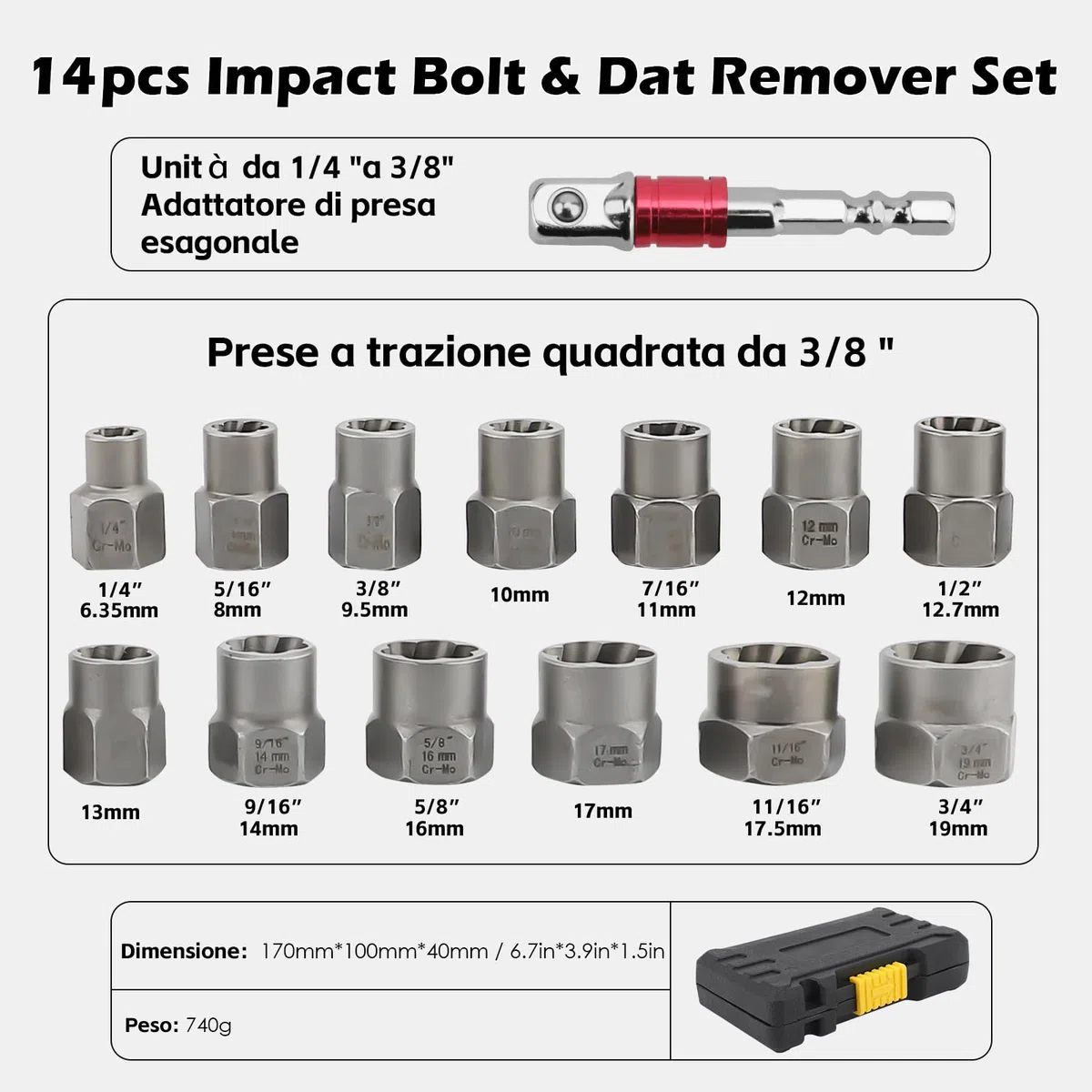 Set di Estrattori per Bulloni 14 Pezzi, Strumento per Rimuovere Dadi di Bloccaggio delle Ruote, Set di Strumenti per Estrattori di Bulloni Spelati, per Riparazioni Auto