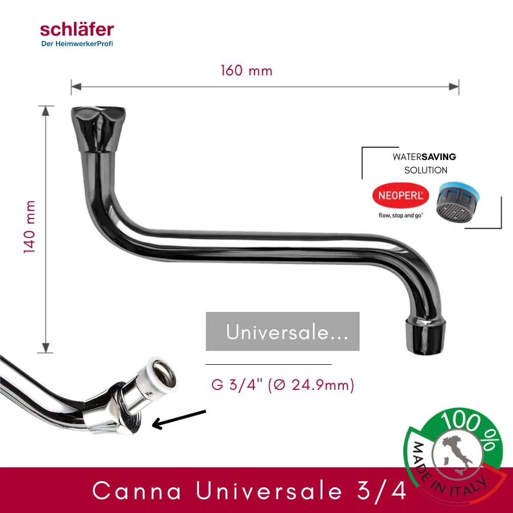 Schläfer 400305 | Canna di Ricambio Rubinetto Cucina, Girevole a S, per Gruppo Cucina a Muro Lunga cm 15 x Ghiera 3/4, Compatibile con Aeratore Neoperl Anticalcare Risparmio Acqua M22 (incluso)