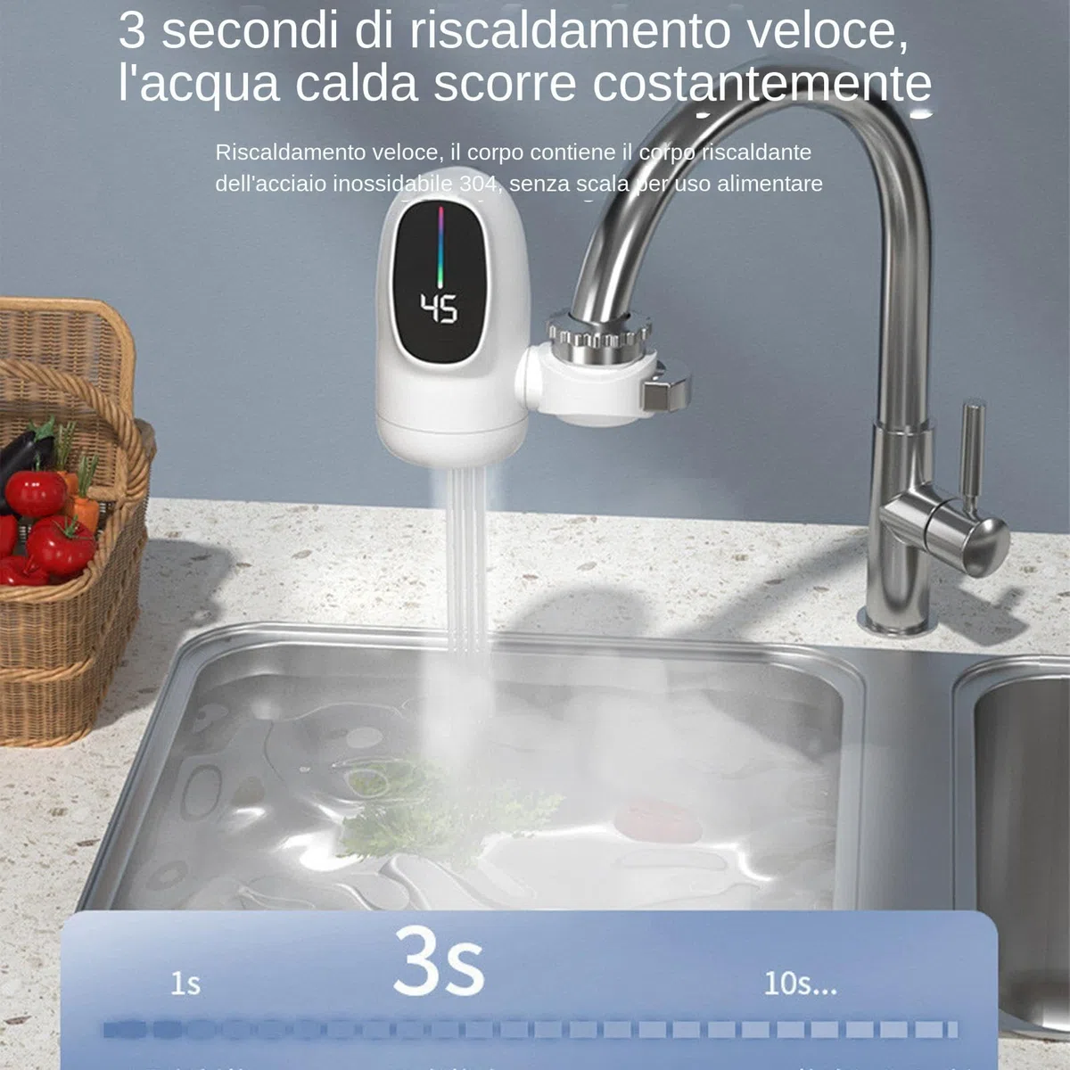 Rubinetto Acqua Calda Istantanea, 3000W Scaldabagno Elettric Rubinetto Rapido Con Display Digitale A LED Per Hotel, Casa, Interno, Camper, Bagno E Cucina