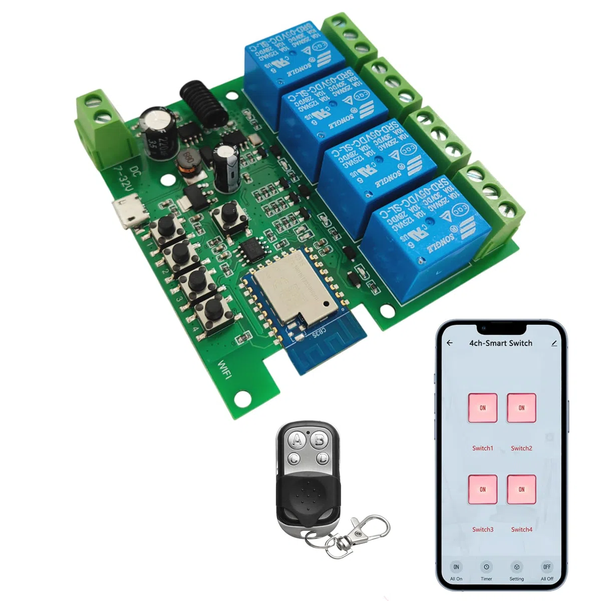 Interruttore intelligente WiFi 4 canali modulo relè momentaneo/autobloccante/interbloccante Telecomando App Tuya Smart Life con telecomando RF a 433 MHz Compatibile con Alexa Google Assiatant
