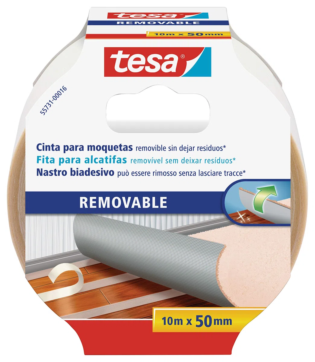 Tesa Biadesivo per Pavimenti Rimozione senza Residui - Nastro Biadesivo per Moquette, Pavimenti in Pvc - Nastro per Fissaggio Rinforzato in Tessuto, 10 m x 50 mm