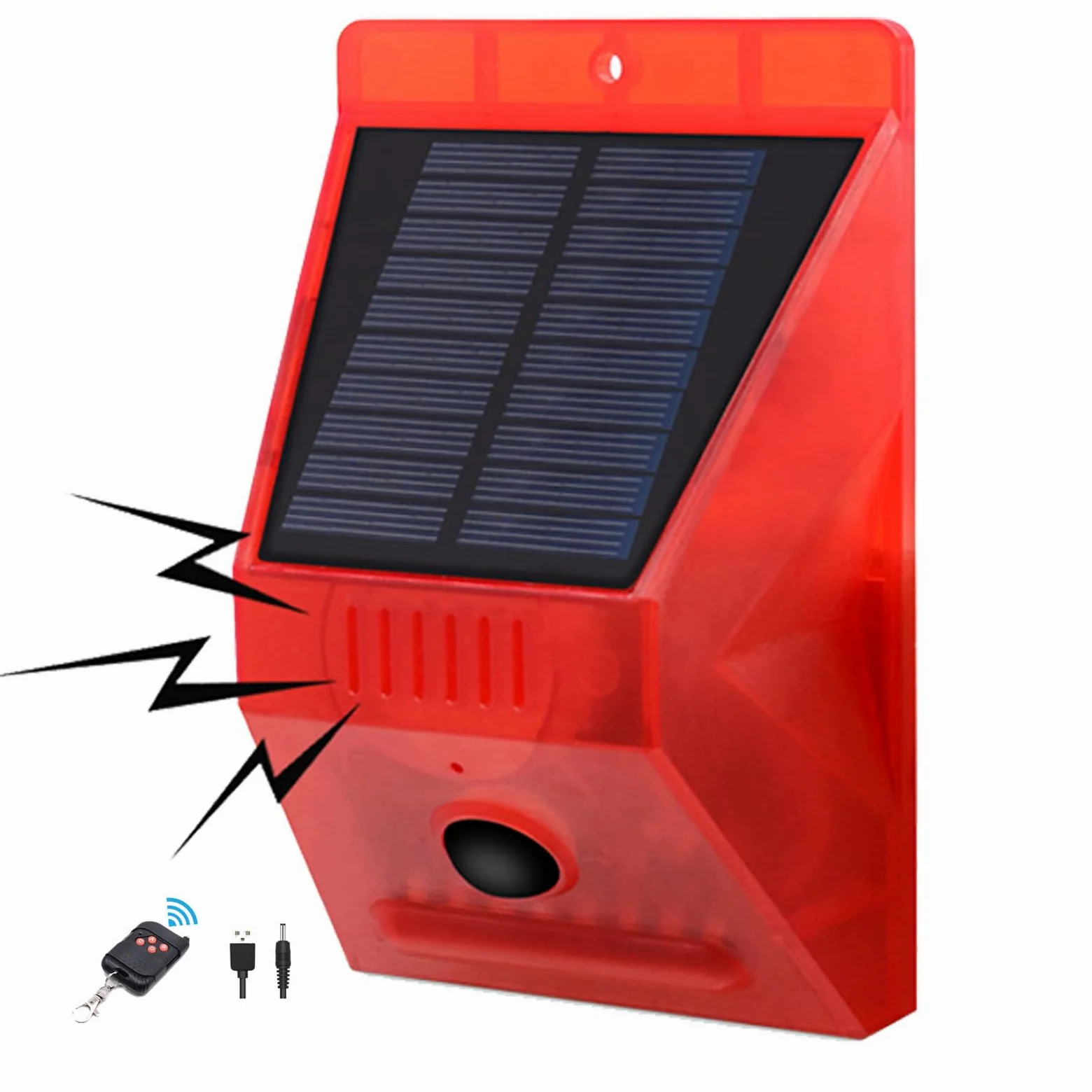 Sirena solare con sensore di movimento da esterno -Generatore di rumore per sirena da 129 db ,Con telecomando, cavo USB, 4 modalità,Per giardino, fattoria