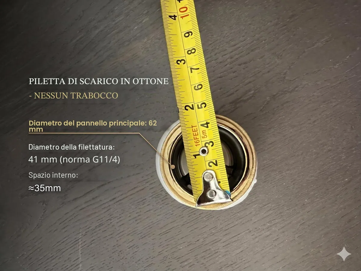001 - Piletta per lavabo con troppopieno, con gola, tappo in ottone a scatto, cromo oro