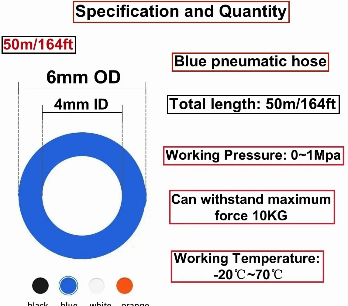 Tubo pneumatico in PU blu HUAZIZ 50 M, tubo pneumatico in poliuretano, tubo flessibile per aria compressa, esterno 6 mm x interno 4 mm + 1 pezzo di tagliatubi blu + 1 pezzo di nastro in teflon rosa
