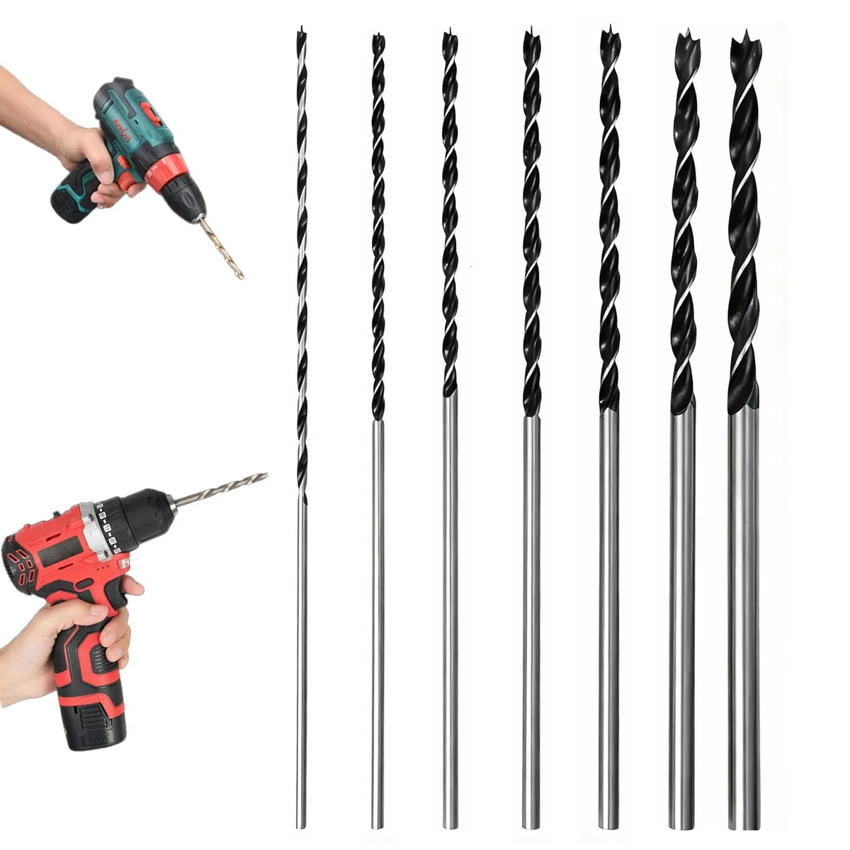 Set di 7 punte per legno, punte lunghe per legno, set di punte per legno HSS-G, punte a trivella Ø 4 mm, 5 mm, 6 mm, 7 mm, 8 mm, 10 mm, 12 mm x 300 mm