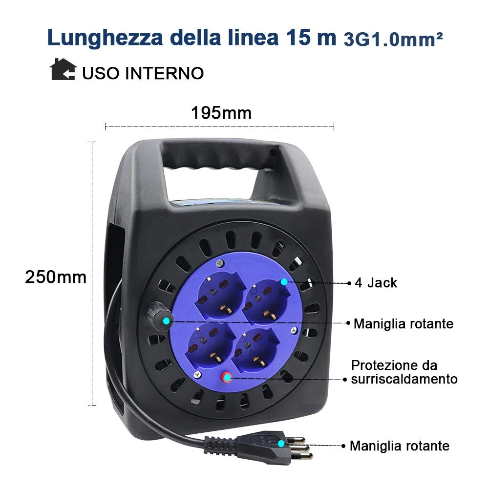 EXTRASTAR Prolunga Elettrica con Avvolgicavo 15 mt,4 Prese Polivalenti (Schuko + 10/16A),Spina 16A,Sezione Cavo 3G 1,0 mm²