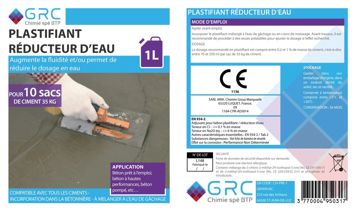 GRC - Plastificante riduttore d'acqua per cemento, 1 l