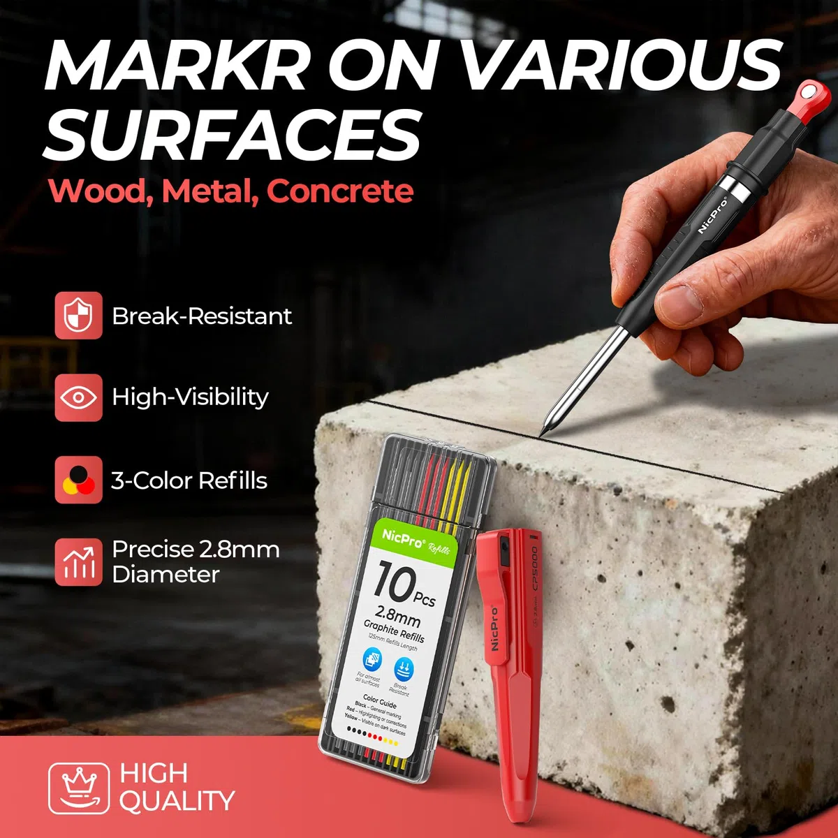 Nicpro CP5000 matite carpentiere magnetiche, portamine 2,8 mm+ 10 ricariche, matite per marcatura di fori profondi, matita per lavorazione del legno con strumento di presa magnetico