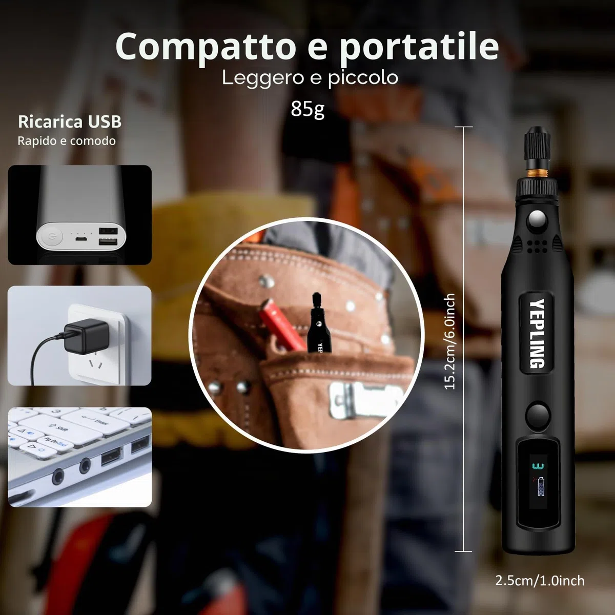 Strumento rotante Li-Ion 3 vel., mini kit lucidatrice fai-da-te LED, 72 pezzi USB, ideale piccoli lavori leggeri