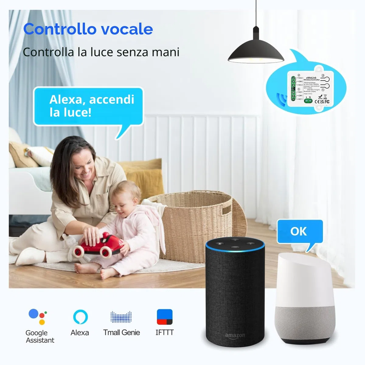 DieseRC Interruttore Intelligente Wi-Fi 2 canali Modulo Relè di Uscita Passivo AC 90V-250V 220V Controllo WIFI APP Ewelink compatibile con Alexa/Google Home, interruttore a impulsi/autobloccante