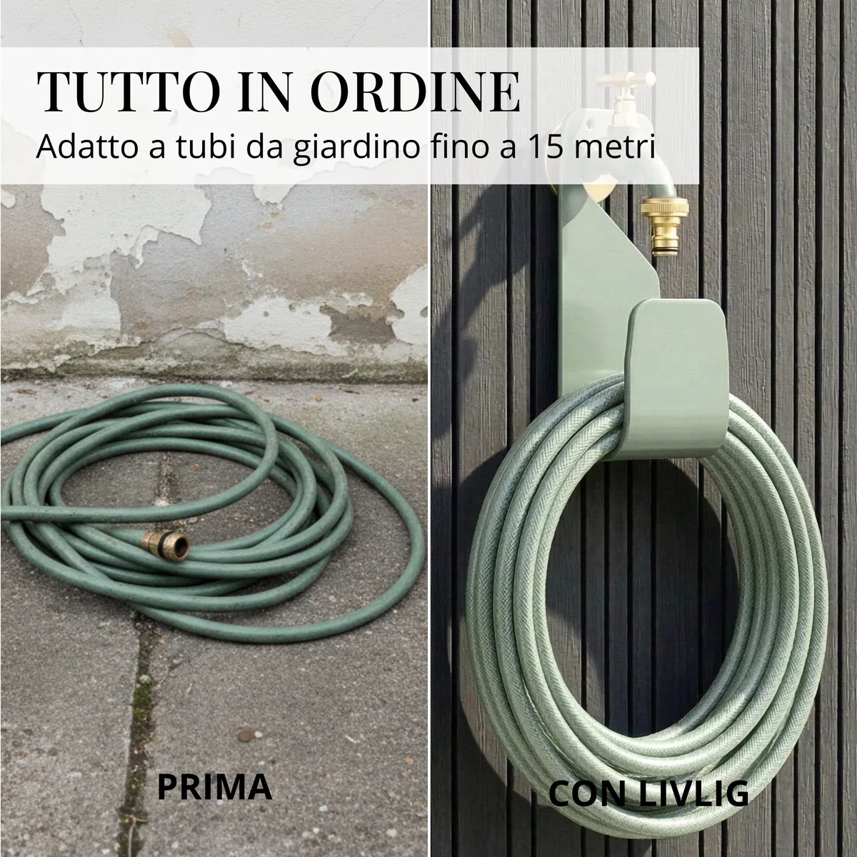 LIVLIG Gancio Portatubo Irrigazione Senza Forare - Supporto Tubo Giardino a Parete in Metallo per 10m Tubo Classico / 20m Tubo Flessibile - Made in Italy - Verde