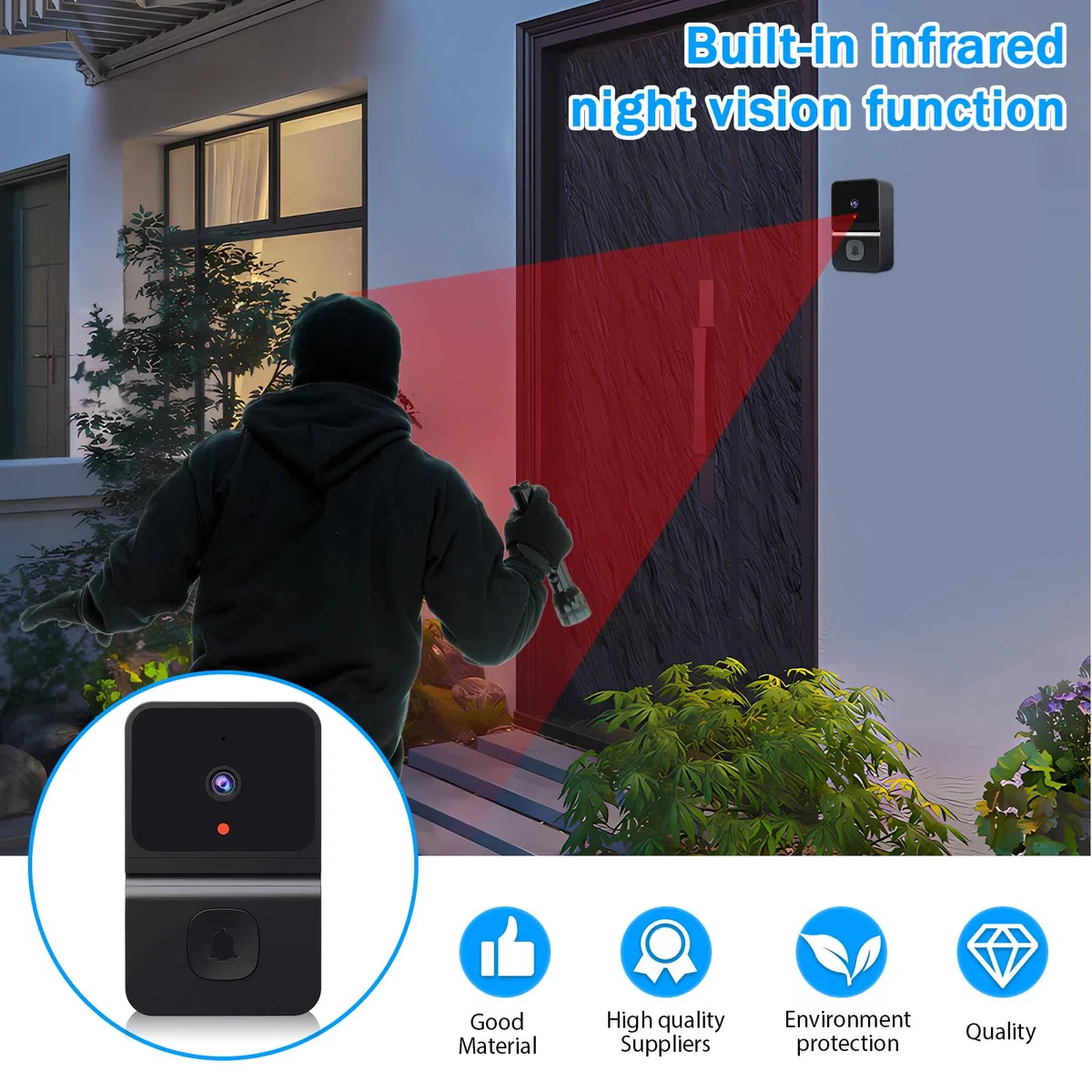 Videocitofono campanello con telecamera senza cavo, Wi-Fi video campanello con fotocamera, 2.4GWifi video campanello per porta vista notturna/2 vie audio/supporta SD e memoria cloud con campana