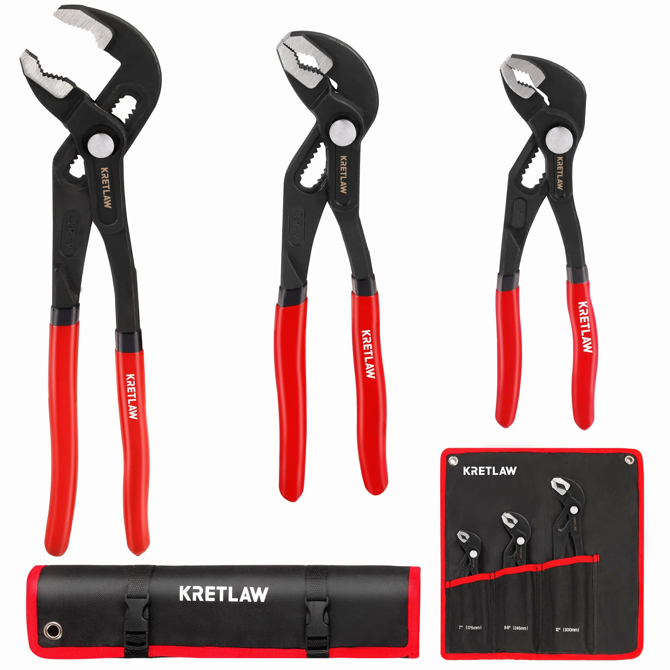 KRETLAW Set di Pinze Regolabili a Scatto 3 Pezzi (300mm & 250mm & 180mm), Pinze Regolabili per Pompe d'Acqua, Pinze a Scatto con Mascella a V in Cr-V per Riparazioni Domestiche e Idraulica