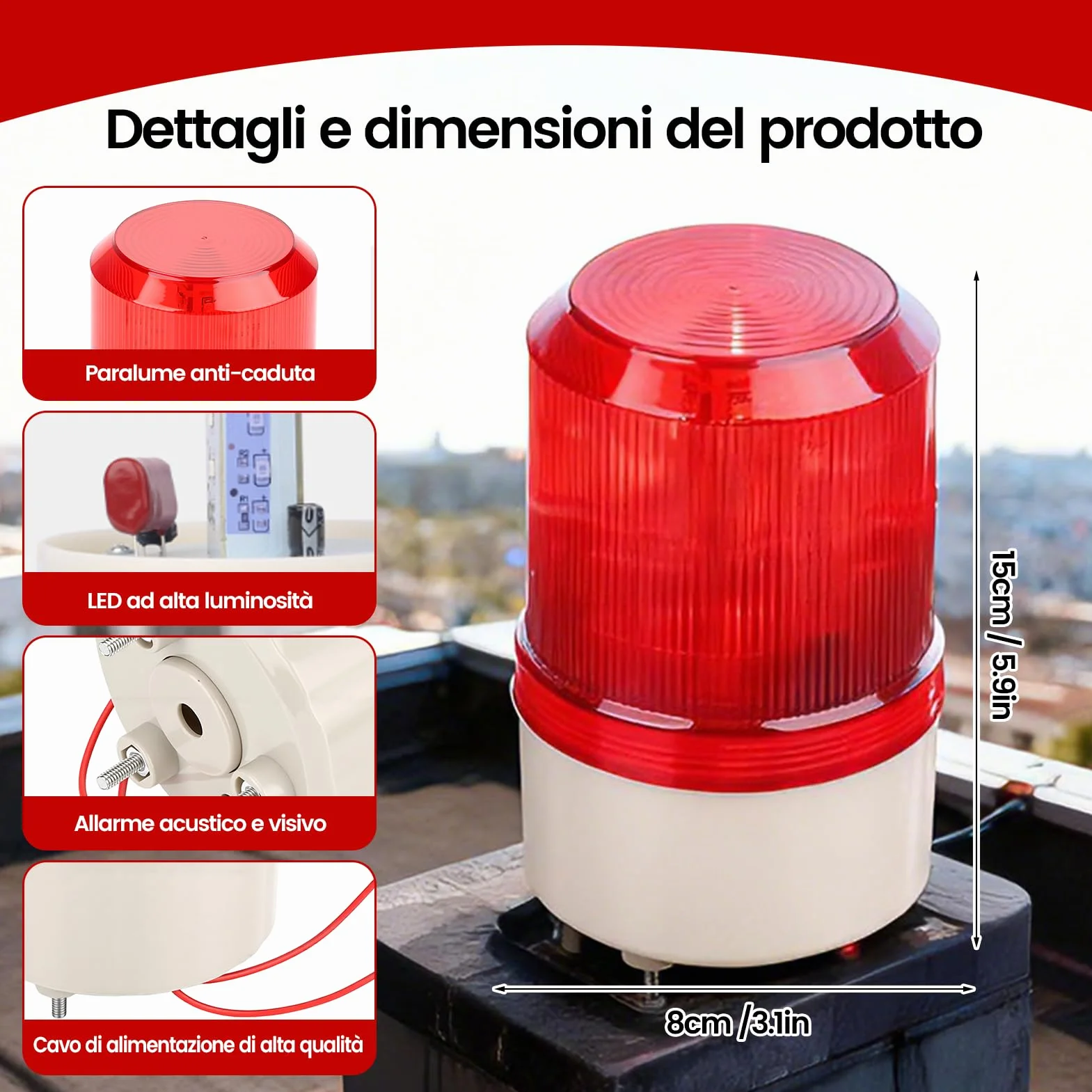 Sirena Allarme Esterno 220V con Luce Stroboscopica LED Rossa e Allarme Sonoro 100dB - Facile Installazione per Sicurezza Industriale e Domestica