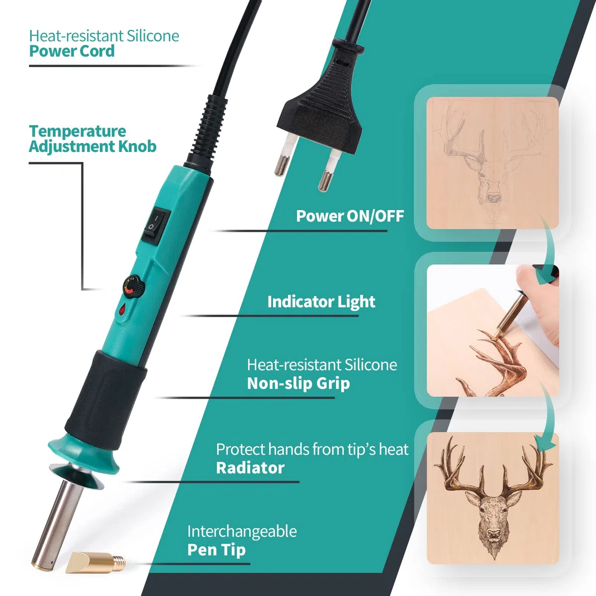 YIHUA 930-IV Kit Pirografo Per Legno Pirografia Temperatura Regolabile con 26 Pezzi punta a filamento 2 Quadrati di Legno(EU PLUG)