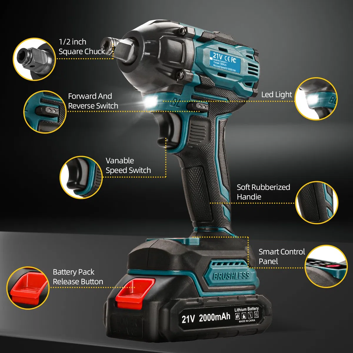 Chiave a percussione senza fili 300 N.m, 21V, Power Impact Driver a coppia, pistola a percussione brushless da 1/2" con batteria da 2,0 Ah, 19 accessori, motore elettrico a percussione a velocità