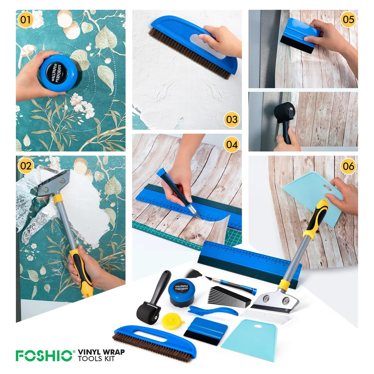 FOSHIO Utensili per carta da parati, Kit per Carta da Parati con Spazzole, rotoli, utensili da taglio, strumento per levigare la carta da parati, Raschietto per Pellicole