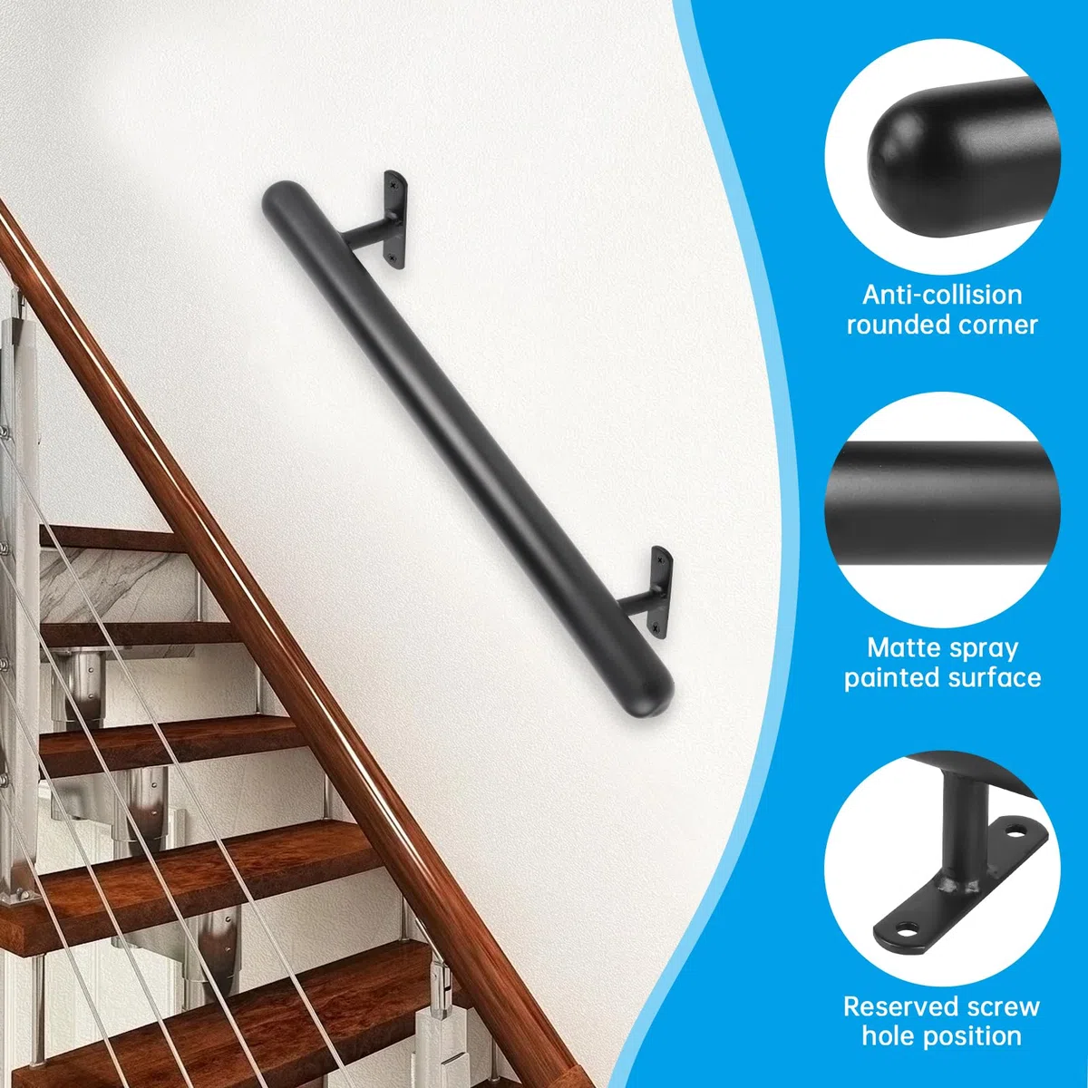 Corrimano metallico 66cm Ringhiera in acciaio inox Corrimano accessibile Maniglia di sostegno a parete Ø32mm Kit ringhiera per scale Maniglie sicurezza per balcone, parapetto, interni/esterni
