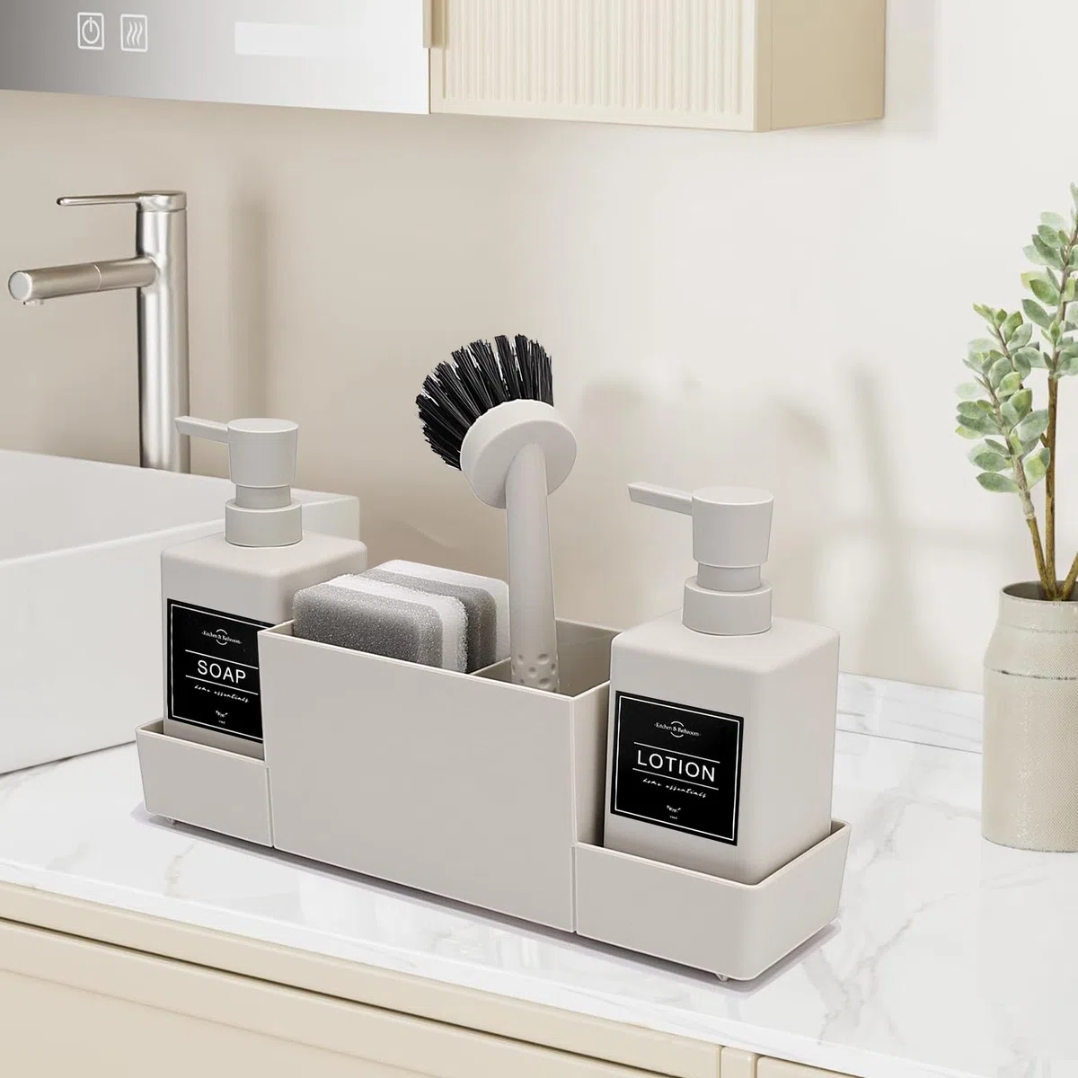 CAUTIOUS Organizer per lavello da cucina da 350 ml, con spazzola, dispenser per sapone da cucina, set in plastica, organizer per piatti con due dispenser di sapone, organizer da cucina (bianco)