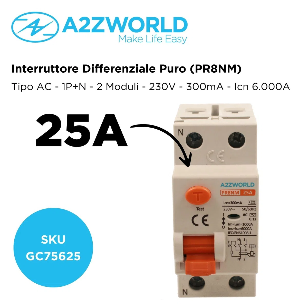 Interruttore Differenziale Puro 2P 2 Poli, 25A 300mA, RCCB Salvavita Tipo AC 6kA 220V, Occupa 2 Moduli DIN