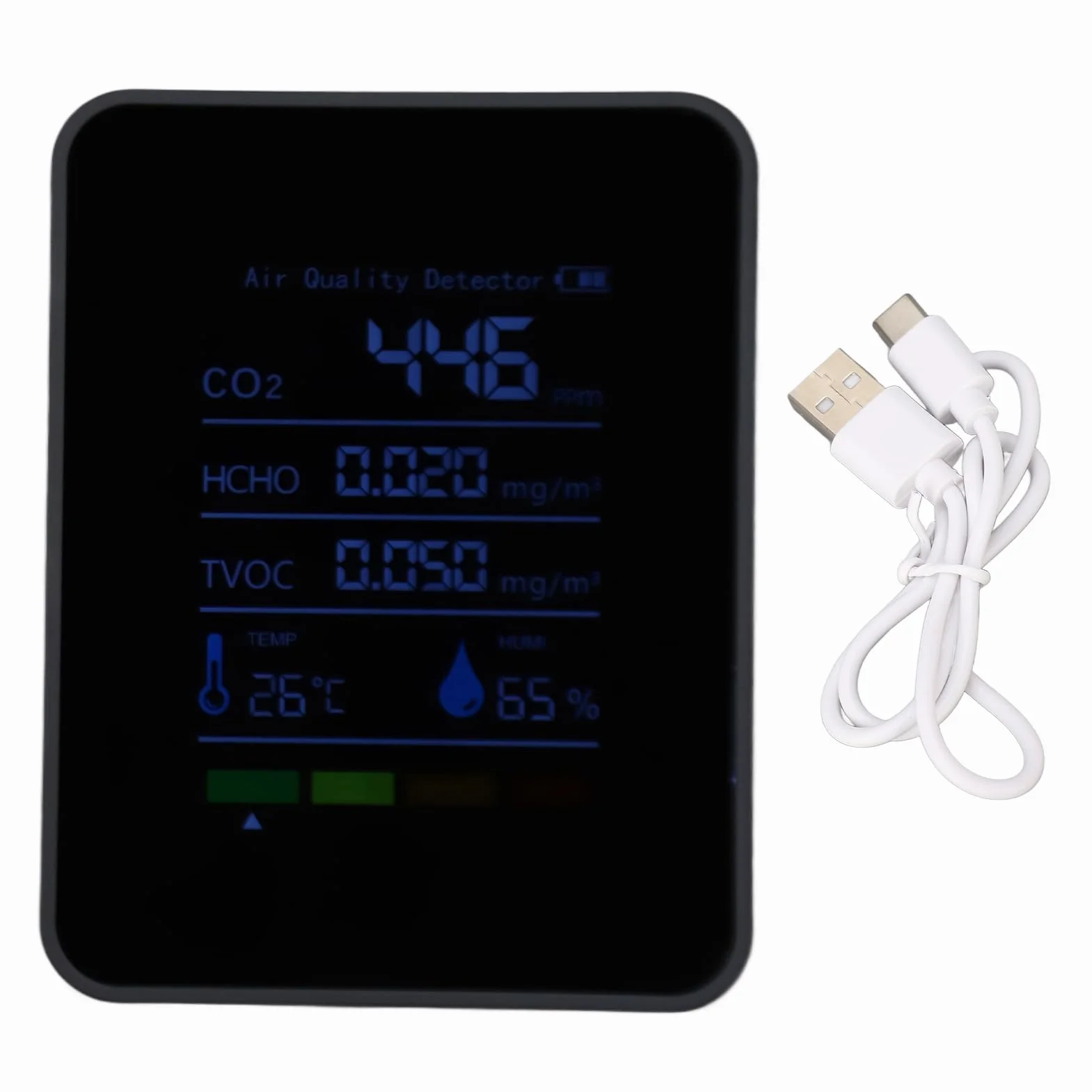 Rilevatore di CO2 Monitor Qualità Aria Interna 5 in 1 con HCHO TVOC Temperatura Umidità Alimentazione a Batteria per Casa e Auto