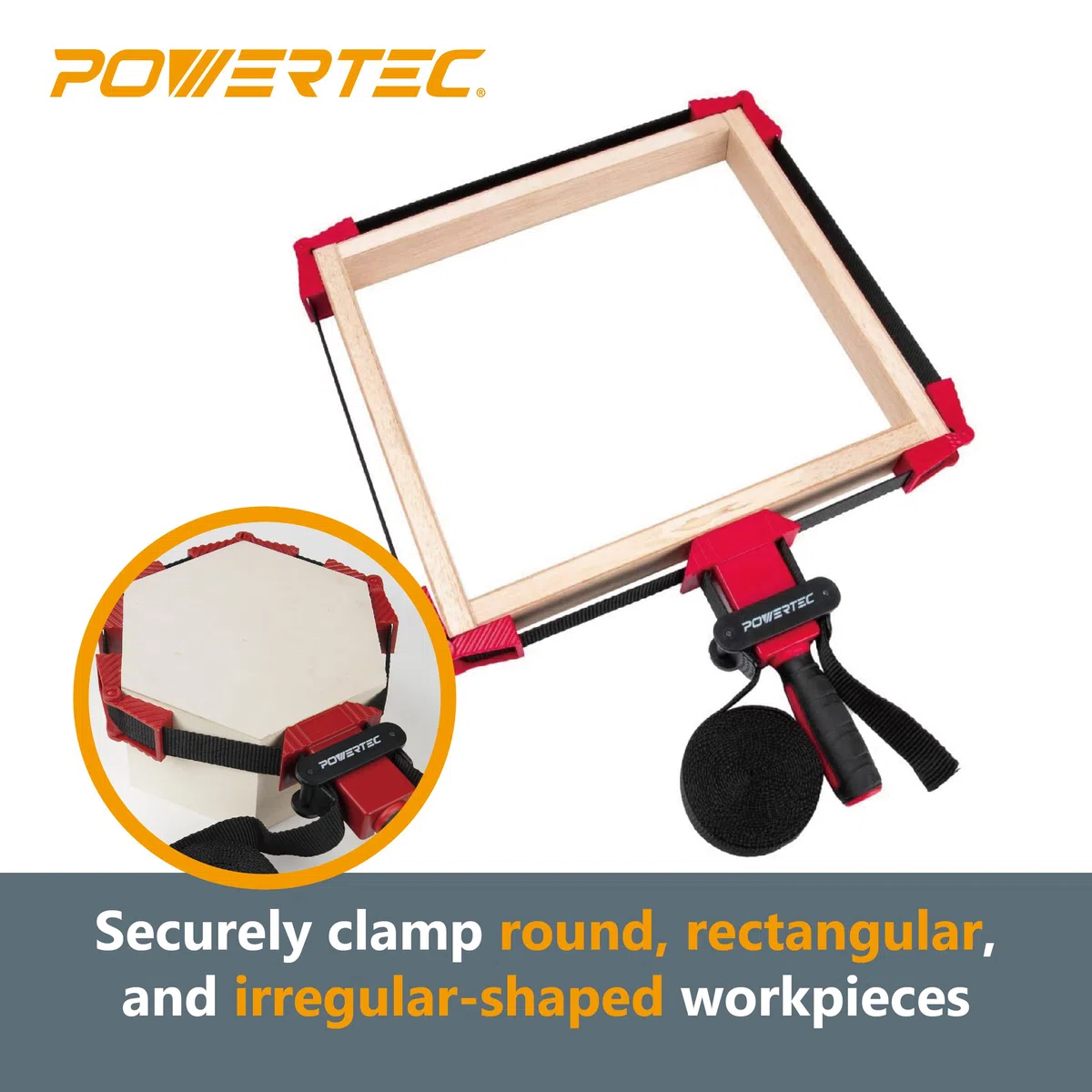 POWERTEC 71122 Deluxe Polygon Quick Release Band Clamp | Supporto per cinghia di bloccaggio del telaio per la lavorazione del legno