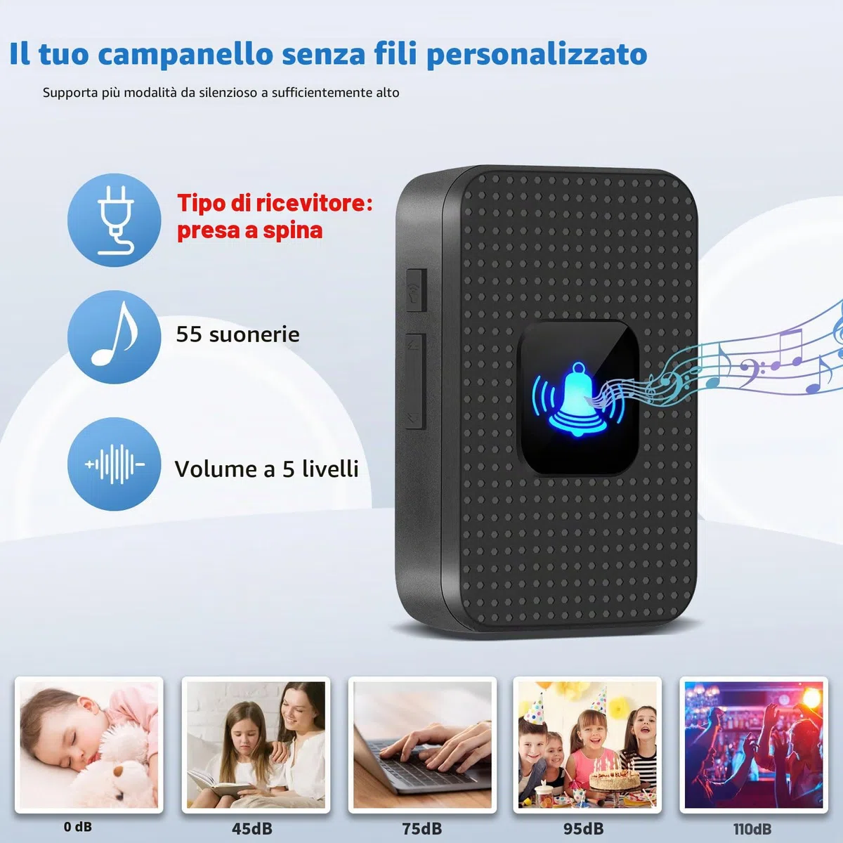 Campanello Senza Fili da Esterno, Campanello Wireless Impermeabile IP55, 55 Suonerie, 5 Volume Regolabile, Indicatore LED, Portata 300M, Wireless Doorbell per Casa Ufficio Ristorante Govee Anziani