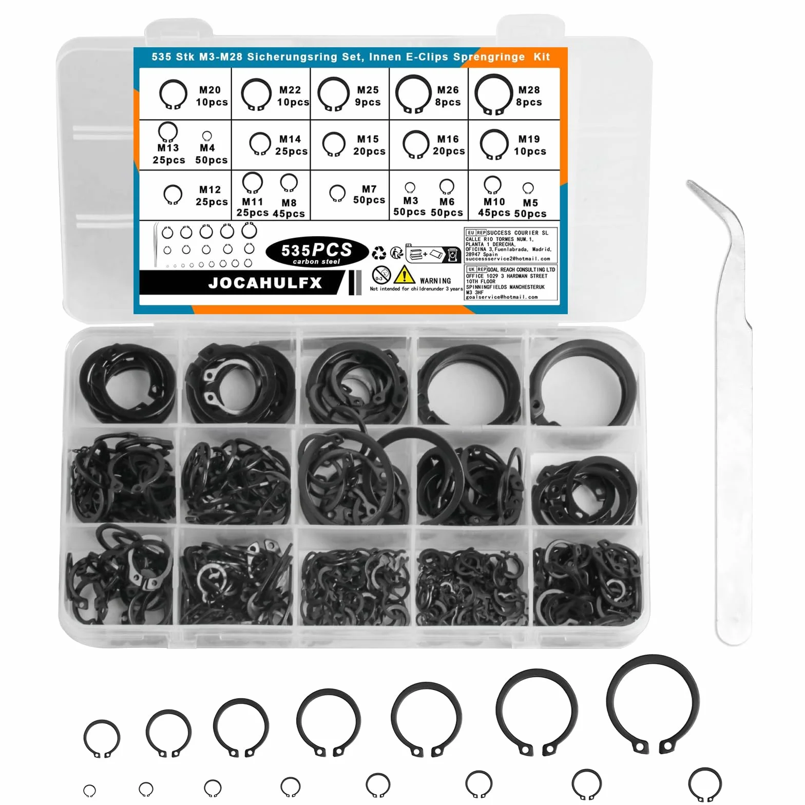 535 Pz Anelli di Sicurezza Esterni a Scatto, Anelli di Arresto Radiale, Anelli Elastici E-Clips, E-clip Anello Elastici C-Clips, Anelli d Sicurezza, Anello di Fissaggio a Clip, 19 Dimensioni/Nero