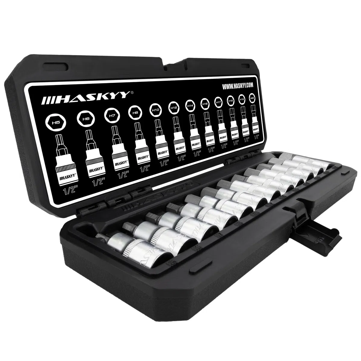 HASKYY Set di chiavi esagonali interne, 5-22 mm, 1/2 pollici, 12 pezzi. Set di bit esagonali in pratica scatola di plastica per la conservazione