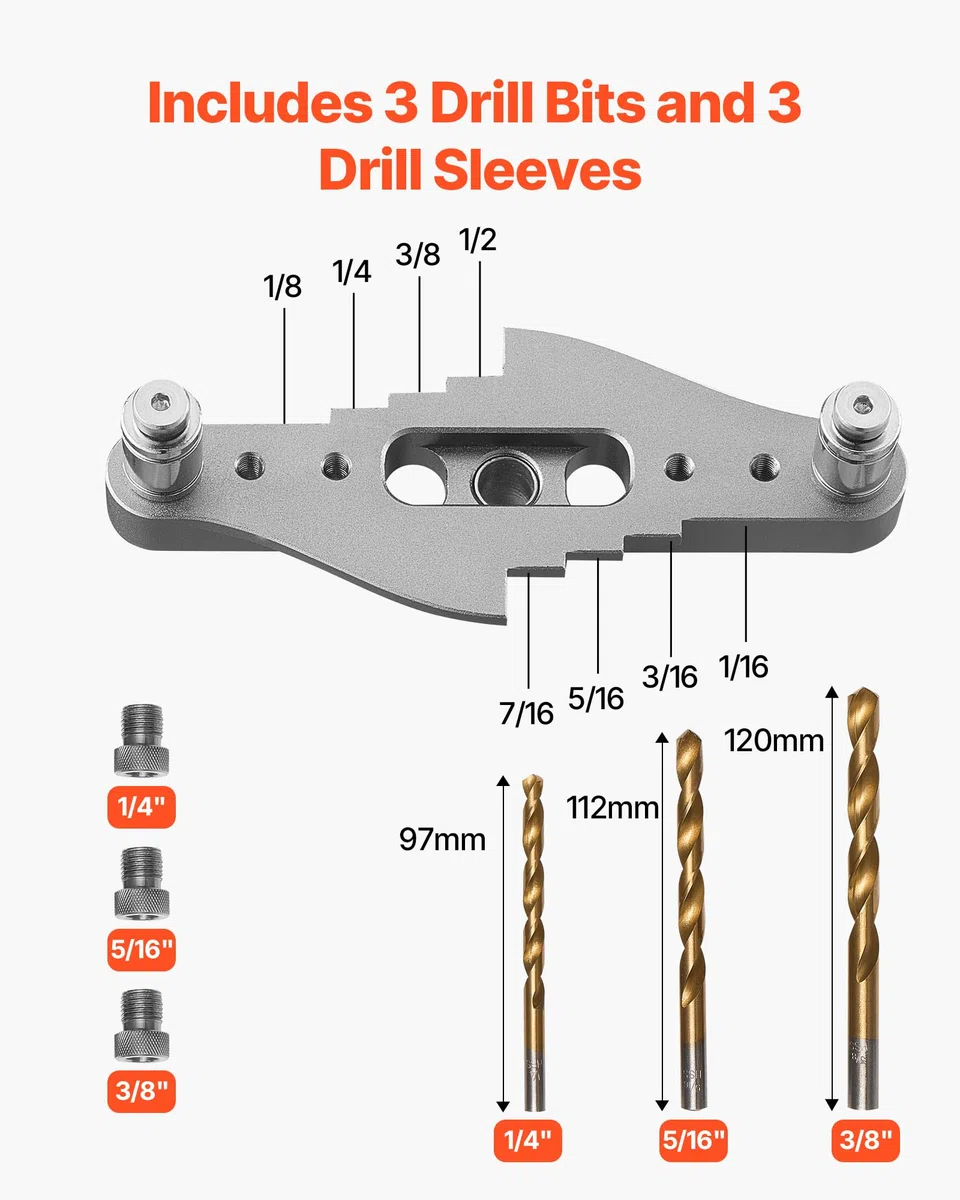VEVOR Kit di Punte per Tasselli, Lega di Alluminio, Dima per Guida di Foratura, con Set di Punte da Trapano da 6,4 mm 7,9 mm 9,5 mm e Set di Collare di Arresto per Punte da Trapano