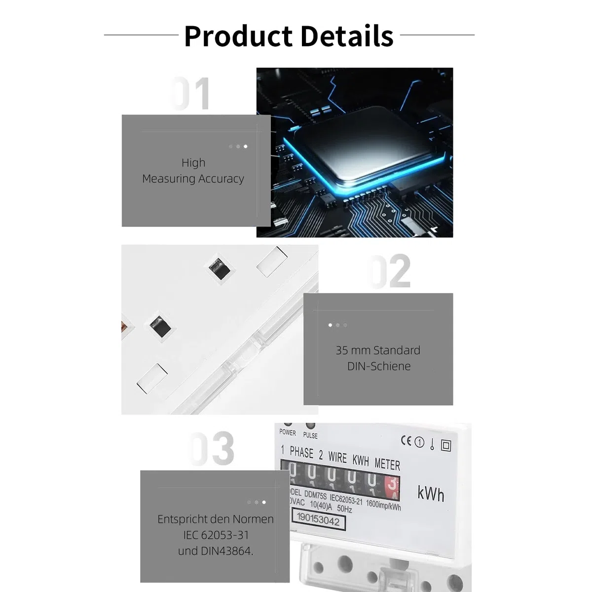 DDM75S Contatore monofase 4P su guida DIN, contatore di kWh per DIN EN50022, contatore montato su guida per il monitoraggio dell'utilizzo di energia elettrica