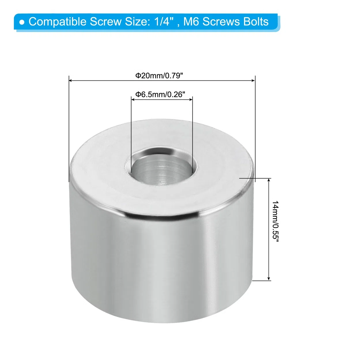 PATIKIL M6 Distanziali in alluminio, 5pz Distanziali Metallici in Alluminio 6,5mm ID x 20mm OD x 14mm L Distanziatore Vite Distanziale Alluminio Rotondo Adatti per Viti 1/4" M6