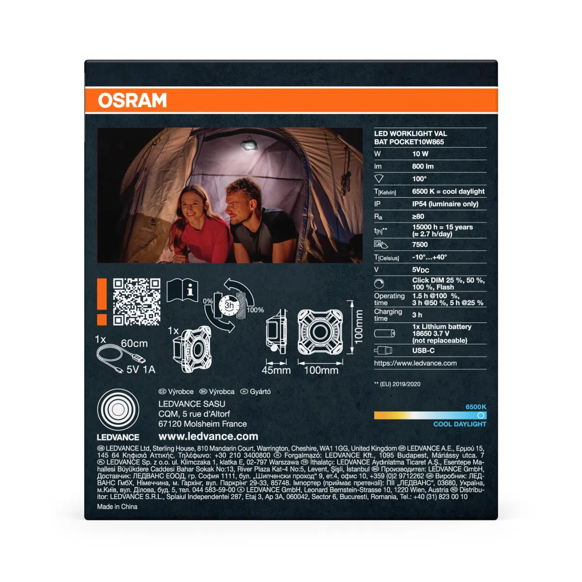 OSRAM Lampada da lavoro a LED Value Battery Pocket, 10W, bianco freddo 6500K, 800 lm, ricaricabile tramite USB, IP54, mobile